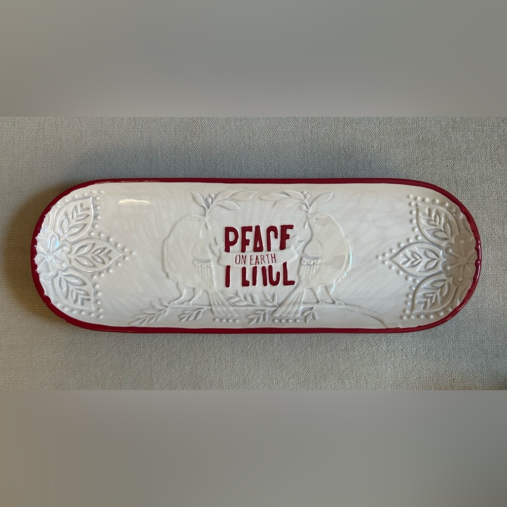 Peace on Earth Red and White Ceramic Tray by Grasslands Road